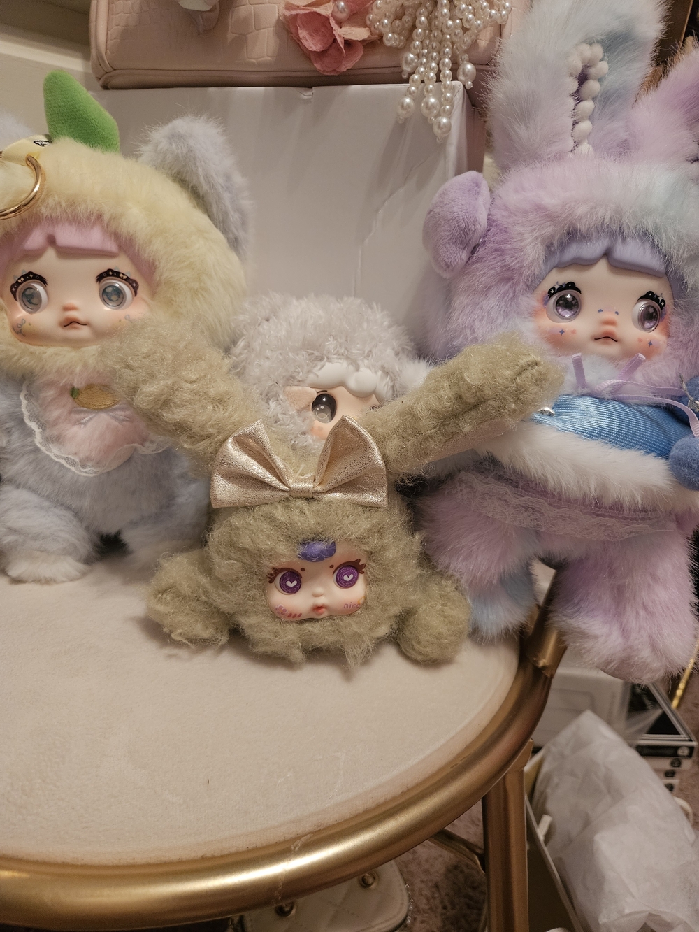 Plush Bunny Doll Keychain in Olive Green with Metallic Bow